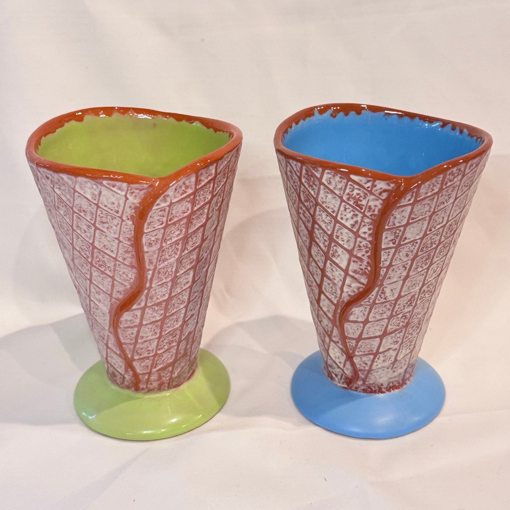 Hallmark Ice Cream Cone Cups‎ Set of 2 Green Blue Ceramic Waffle Kitsch Decor